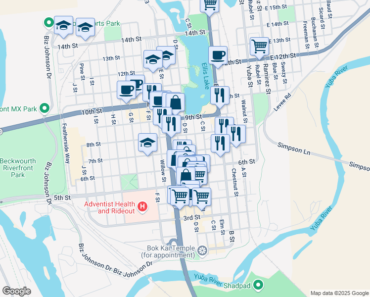 map of restaurants, bars, coffee shops, grocery stores, and more near 704 D Street in Marysville
