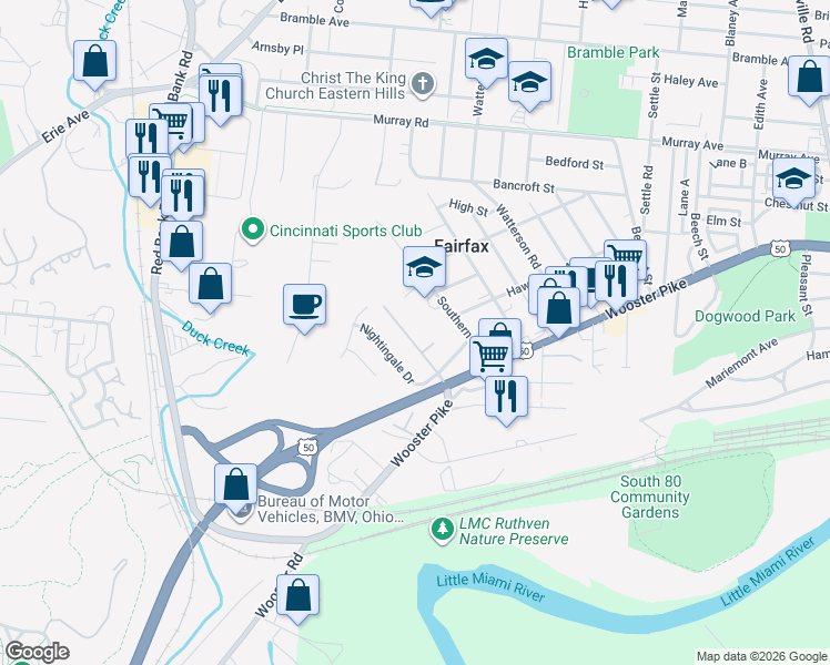 map of restaurants, bars, coffee shops, grocery stores, and more near 5765 Oriole Court in Cincinnati