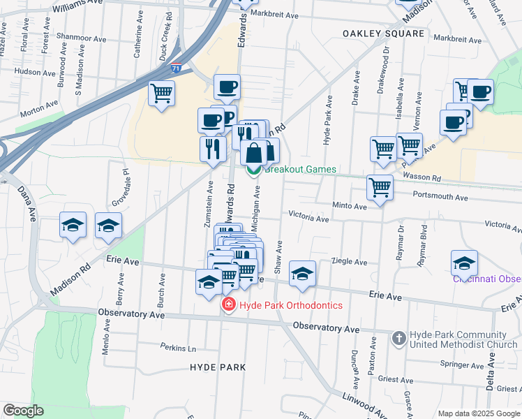 map of restaurants, bars, coffee shops, grocery stores, and more near 3602 Michigan Avenue in Cincinnati