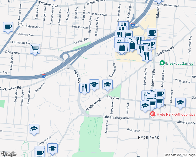 map of restaurants, bars, coffee shops, grocery stores, and more near 2488 Madison Road in Cincinnati