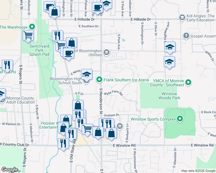 map of restaurants, bars, coffee shops, grocery stores, and more near 642 East Bayberry Court in Bloomington