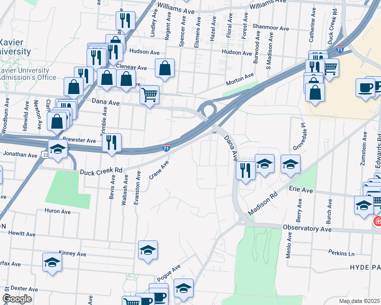 map of restaurants, bars, coffee shops, grocery stores, and more near 3545 Holly Lane in Cincinnati