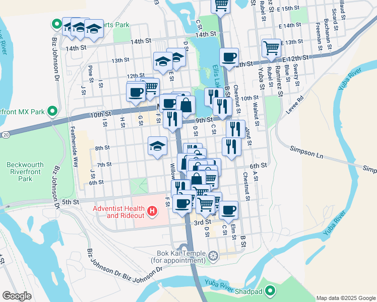 map of restaurants, bars, coffee shops, grocery stores, and more near 415 7th Street in Marysville