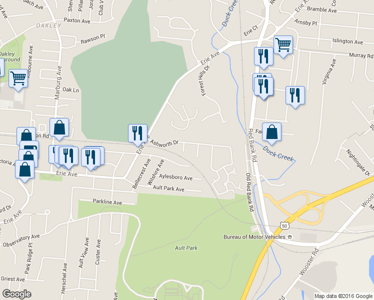 map of restaurants, bars, coffee shops, grocery stores, and more near 3666 Beecham Lane in Cincinnati