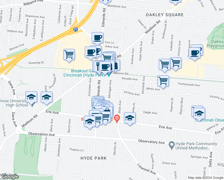 map of restaurants, bars, coffee shops, grocery stores, and more near 3602 Michigan Avenue in Cincinnati