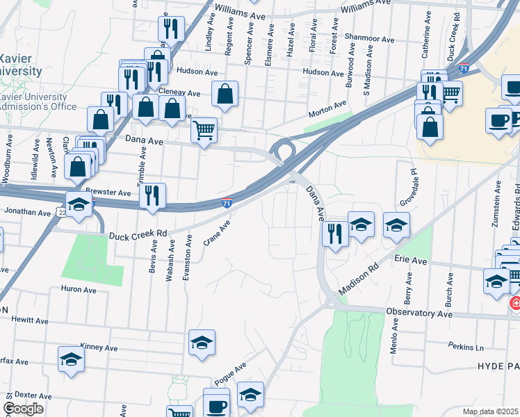 map of restaurants, bars, coffee shops, grocery stores, and more near 3545 Holly Lane in Cincinnati