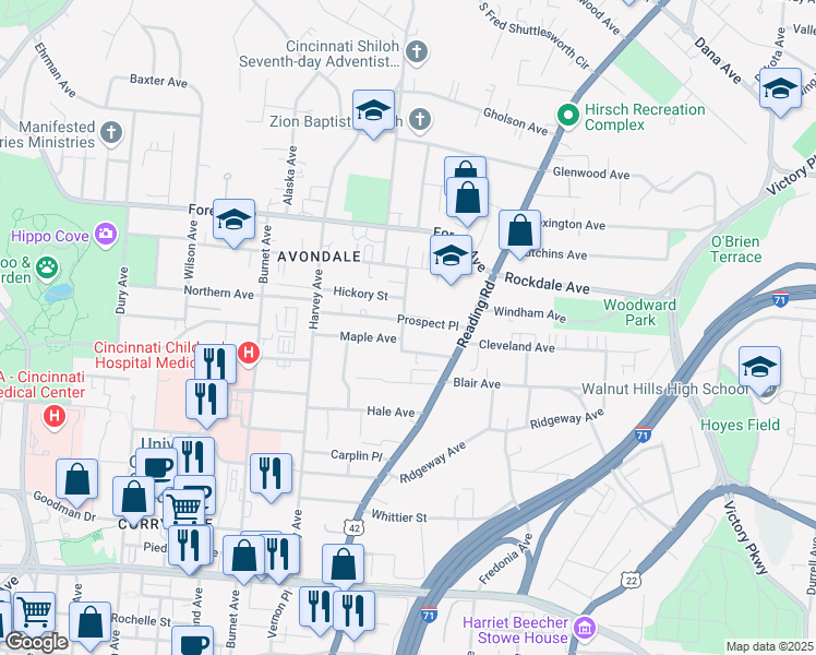 map of restaurants, bars, coffee shops, grocery stores, and more near 568 Maple Avenue in Cincinnati