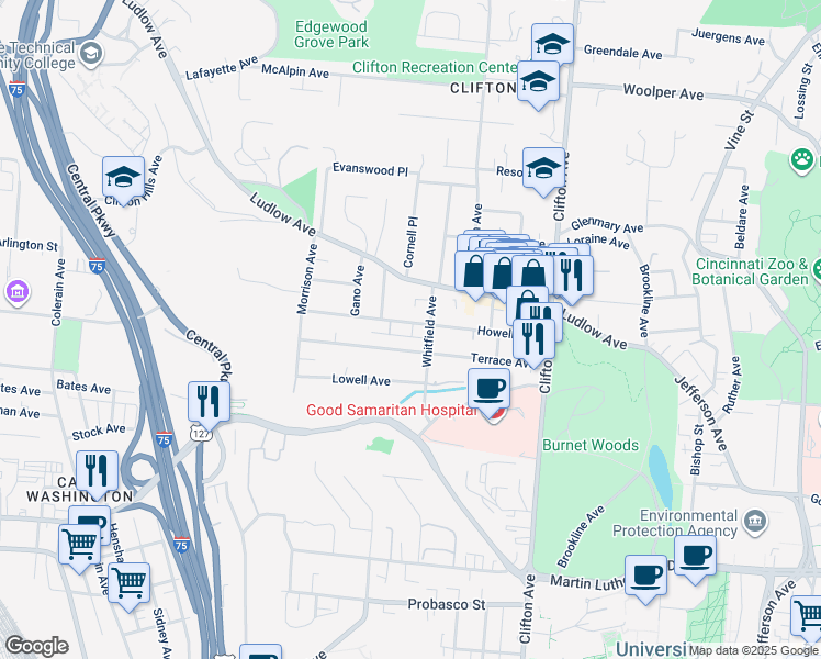 map of restaurants, bars, coffee shops, grocery stores, and more near 520 Terrace Avenue in Cincinnati