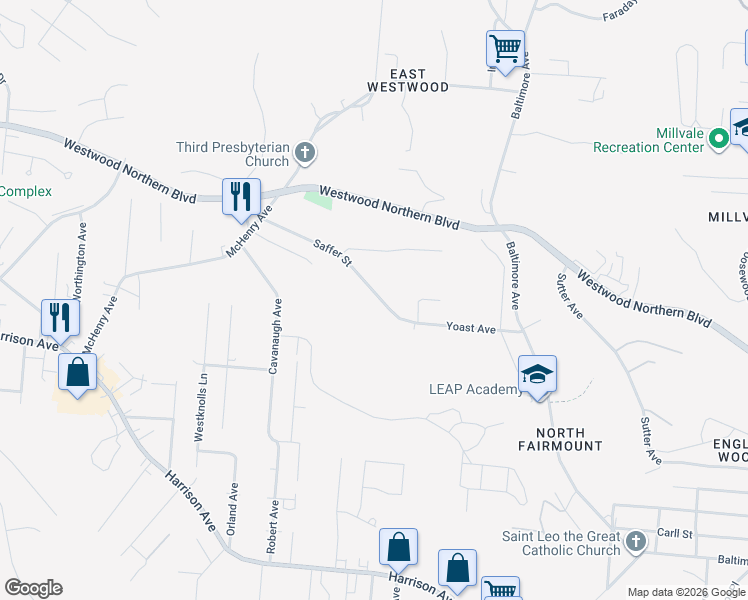map of restaurants, bars, coffee shops, grocery stores, and more near 3147 Saffer Street in Cincinnati
