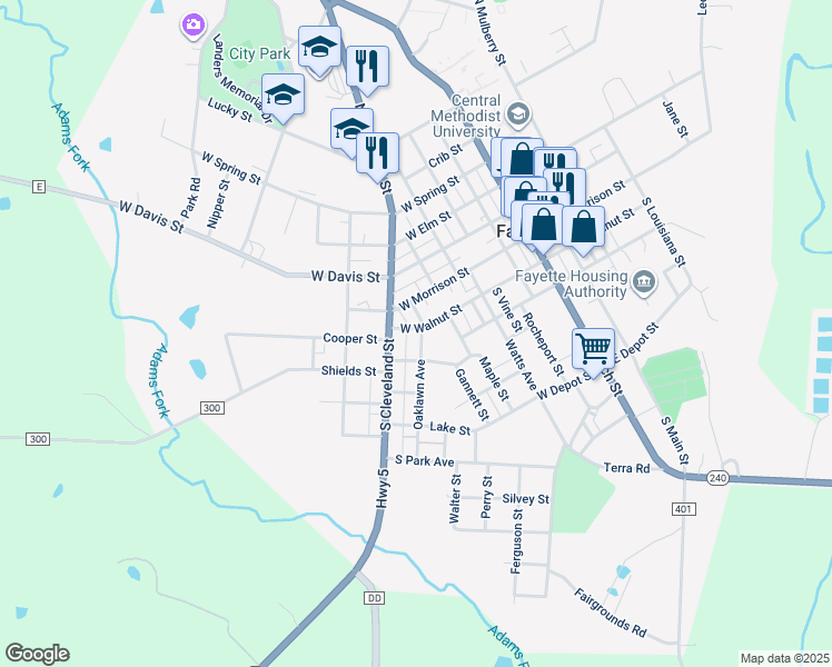 map of restaurants, bars, coffee shops, grocery stores, and more near 201-299 Oaklawn Avenue in Fayette