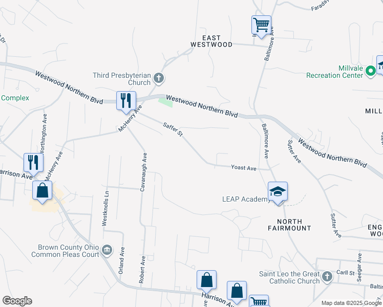 map of restaurants, bars, coffee shops, grocery stores, and more near 3147 Saffer Street in Cincinnati