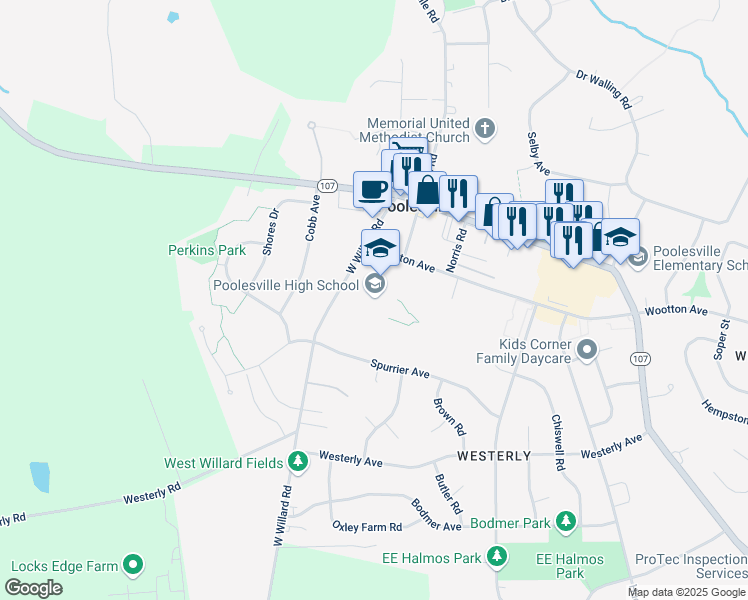 map of restaurants, bars, coffee shops, grocery stores, and more near 17501 West Willard Road in Poolesville