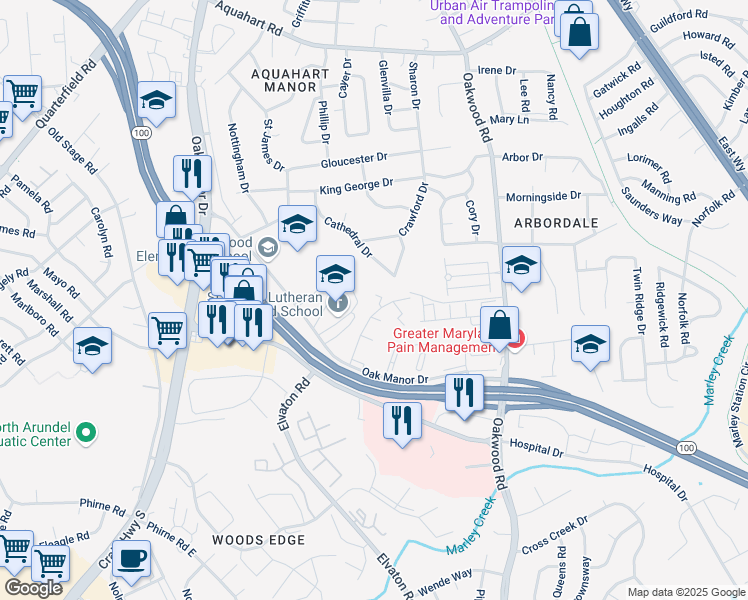 map of restaurants, bars, coffee shops, grocery stores, and more near 320 Woodleaf Court in Glen Burnie