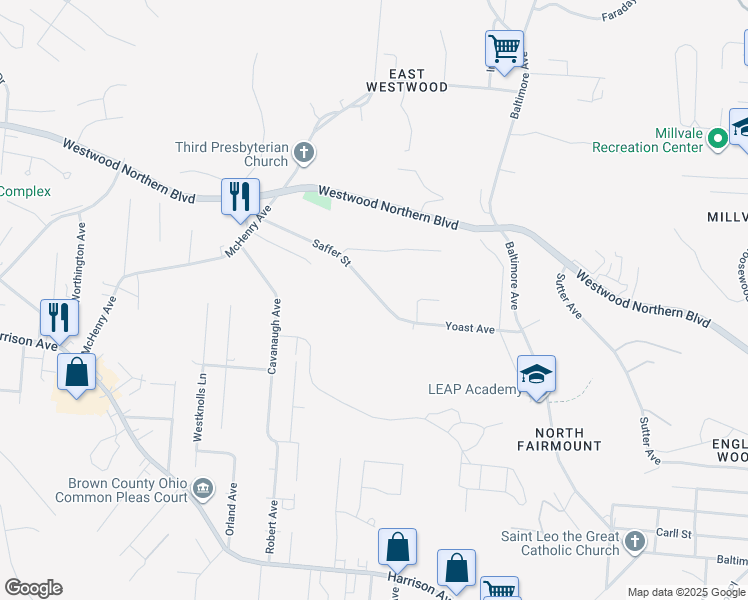 map of restaurants, bars, coffee shops, grocery stores, and more near 3147 Saffer Street in Cincinnati