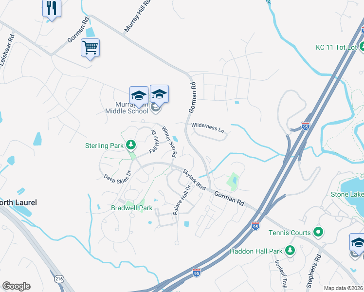 map of restaurants, bars, coffee shops, grocery stores, and more near 9848 Shaded Day in Laurel