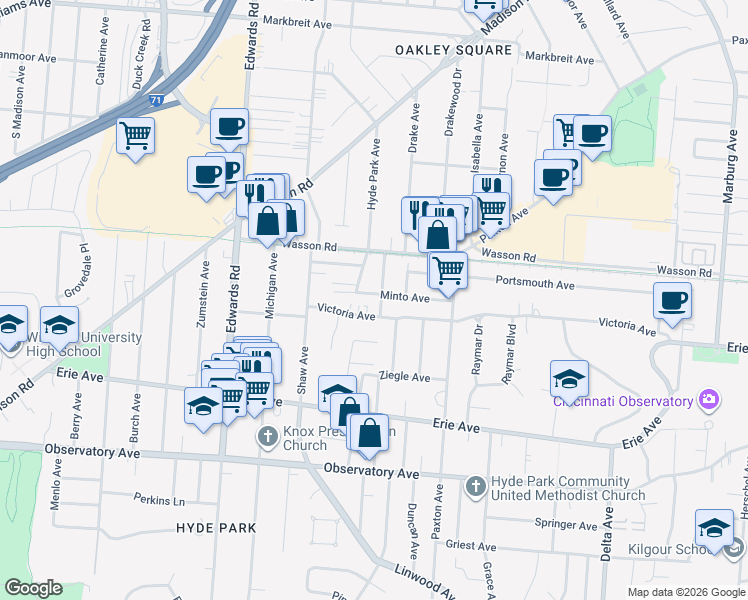 map of restaurants, bars, coffee shops, grocery stores, and more near 2862 Victoria Avenue in Cincinnati