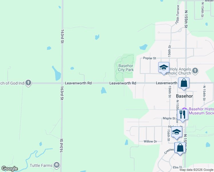 map of restaurants, bars, coffee shops, grocery stores, and more near 16015 Leavenworth Road in Basehor