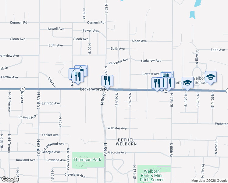 map of restaurants, bars, coffee shops, grocery stores, and more near 3052 North 58th Street in Kansas City