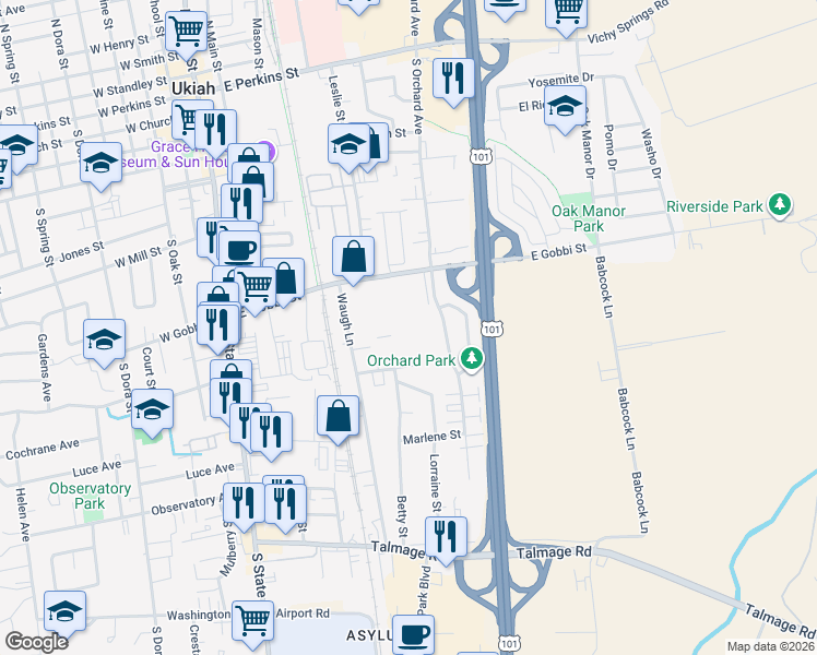 map of restaurants, bars, coffee shops, grocery stores, and more near 425 East Gobbi Street in Ukiah