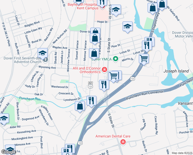 map of restaurants, bars, coffee shops, grocery stores, and more near 1128 South Bradford Street in Dover