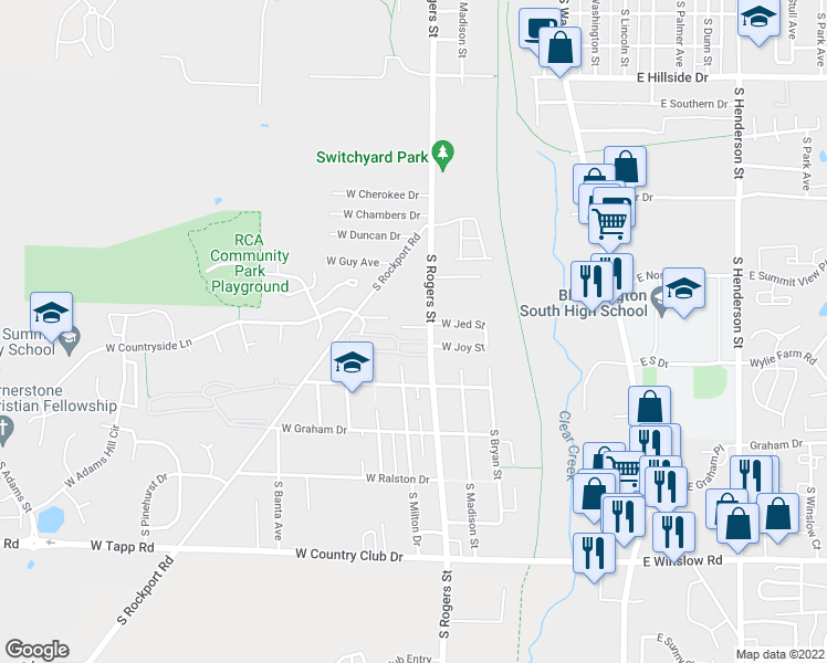 map of restaurants, bars, coffee shops, grocery stores, and more near 2222 South Rogers Street in Bloomington