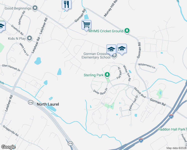 map of restaurants, bars, coffee shops, grocery stores, and more near 10181 Deep Skies Drive in Laurel
