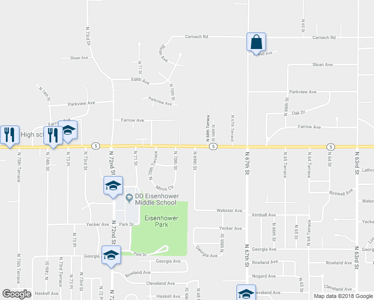 map of restaurants, bars, coffee shops, grocery stores, and more near 6917 Leavenworth Road in Kansas City