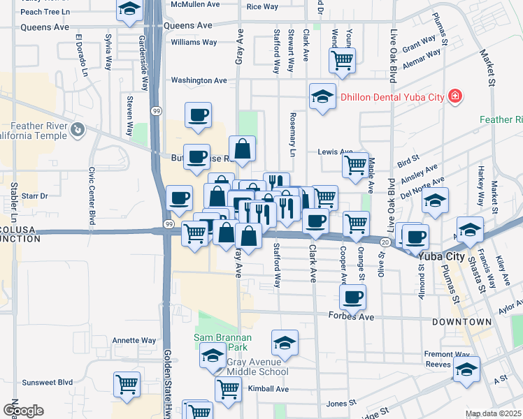 map of restaurants, bars, coffee shops, grocery stores, and more near 855 Colusa Avenue in Yuba City