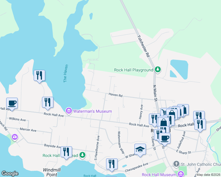 map of restaurants, bars, coffee shops, grocery stores, and more near 5978 Boyce Ln in Rock Hall