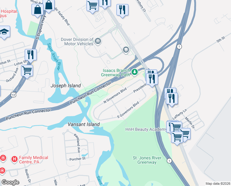 map of restaurants, bars, coffee shops, grocery stores, and more near 176 North Governors Boulevard in Dover