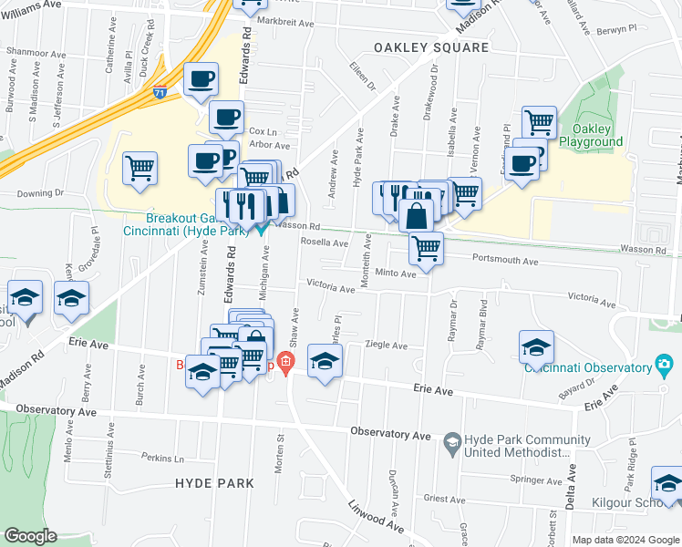 map of restaurants, bars, coffee shops, grocery stores, and more near 2822 Victoria Avenue in Cincinnati