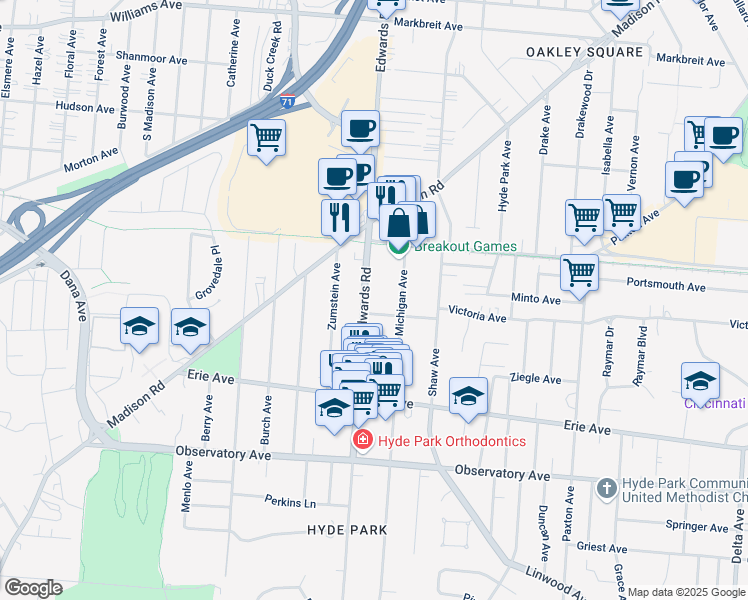 map of restaurants, bars, coffee shops, grocery stores, and more near 2710 Griffiths Avenue in Cincinnati