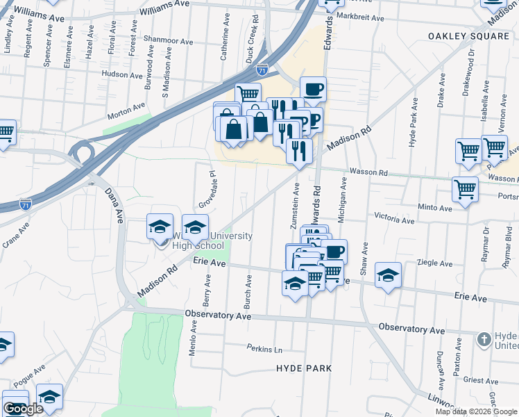 map of restaurants, bars, coffee shops, grocery stores, and more near 3565 Burch Avenue in Cincinnati