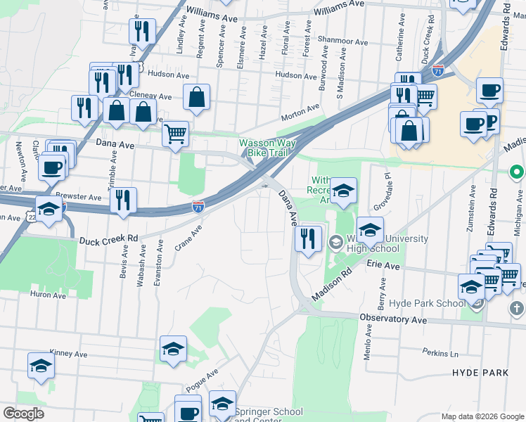 map of restaurants, bars, coffee shops, grocery stores, and more near 3555 Potomac Avenue in Cincinnati