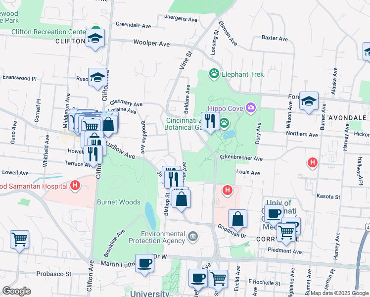 map of restaurants, bars, coffee shops, grocery stores, and more near 37 Cloister Drive in Cincinnati