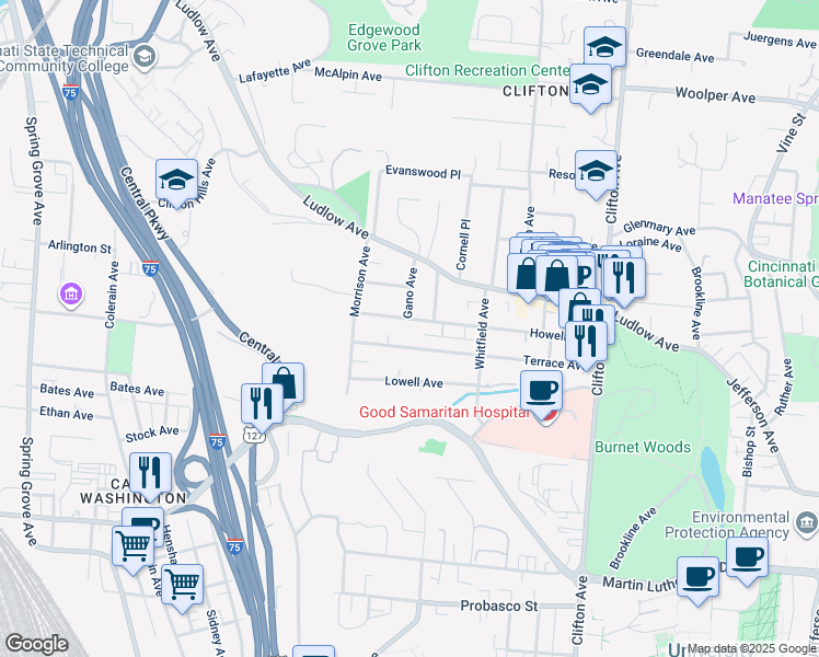 map of restaurants, bars, coffee shops, grocery stores, and more near 558 Terrace Avenue in Cincinnati