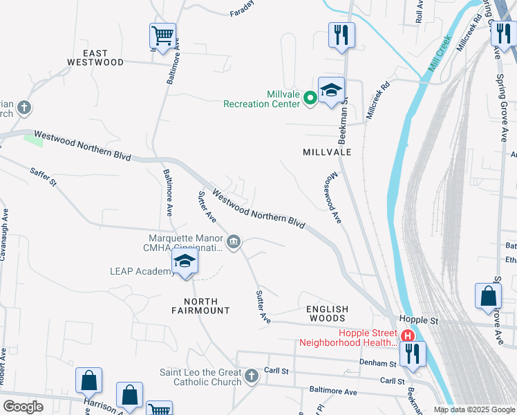 map of restaurants, bars, coffee shops, grocery stores, and more near in Cincinnati