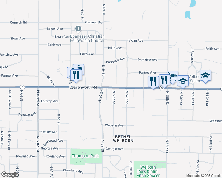 map of restaurants, bars, coffee shops, grocery stores, and more near 3052 North 58th Street in Kansas City