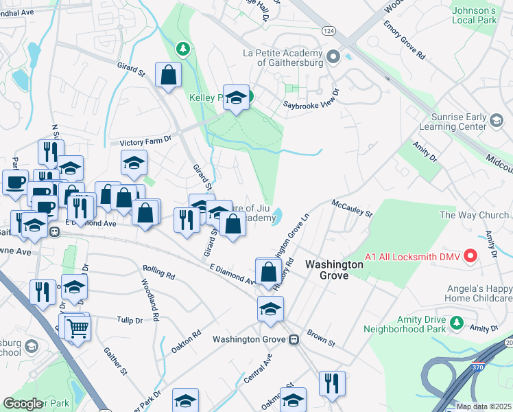 map of restaurants, bars, coffee shops, grocery stores, and more near 4 State Court in Gaithersburg