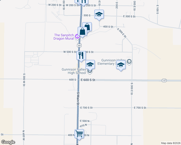 map of restaurants, bars, coffee shops, grocery stores, and more near 35 East 600 South Street in Gunnison