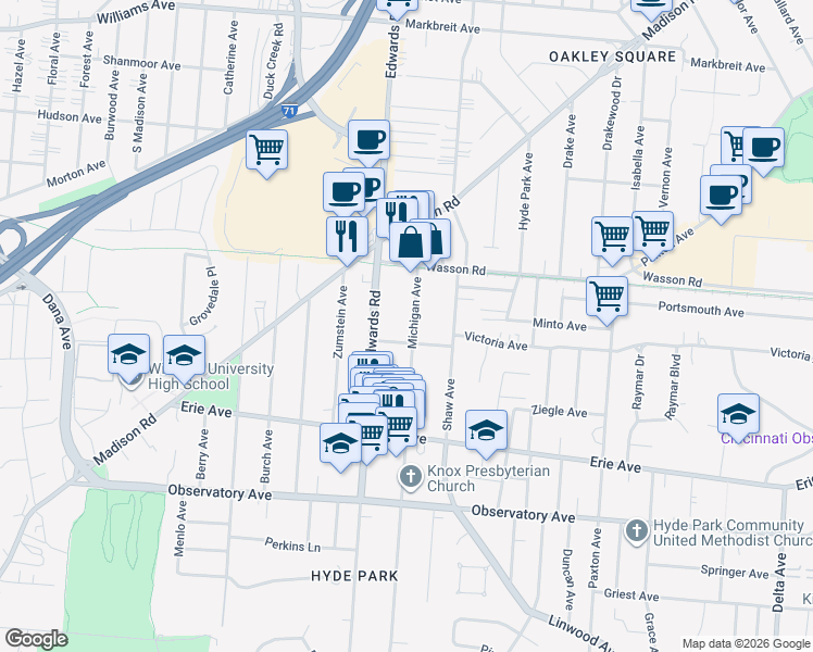 map of restaurants, bars, coffee shops, grocery stores, and more near 3615 Michigan Avenue in Cincinnati