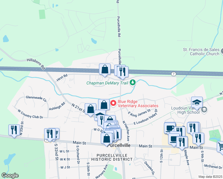 map of restaurants, bars, coffee shops, grocery stores, and more near 121 N Bailey Ln in Purcellville