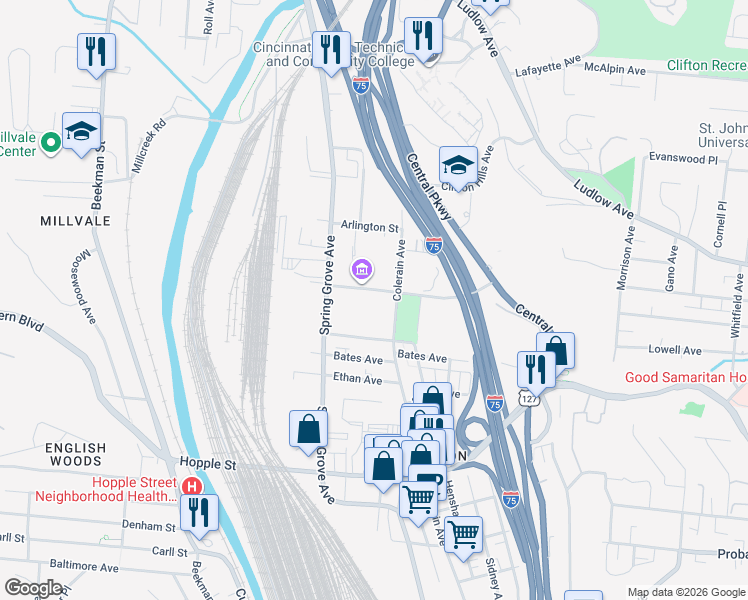 map of restaurants, bars, coffee shops, grocery stores, and more near 3265 Colerain Ave in Cincinnati