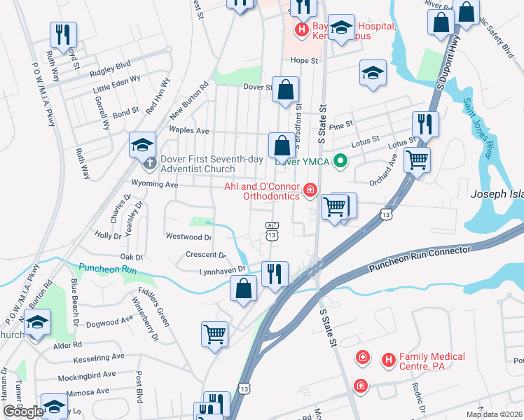 map of restaurants, bars, coffee shops, grocery stores, and more near 216 Jefferson Terrace in Dover