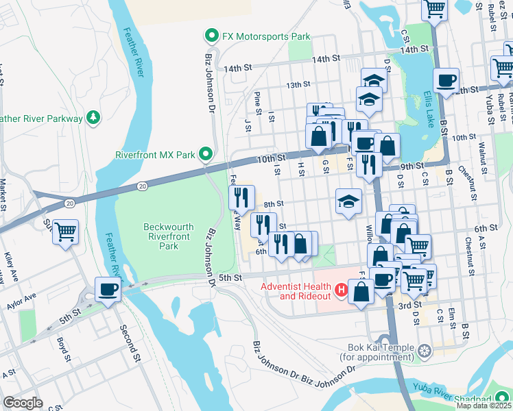 map of restaurants, bars, coffee shops, grocery stores, and more near 999 8th Street in Marysville