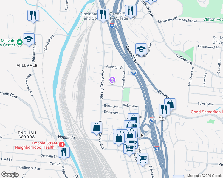 map of restaurants, bars, coffee shops, grocery stores, and more near 3265 Colerain Avenue in Cincinnati