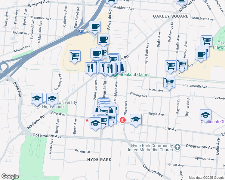 map of restaurants, bars, coffee shops, grocery stores, and more near 3615 Michigan Avenue in Cincinnati