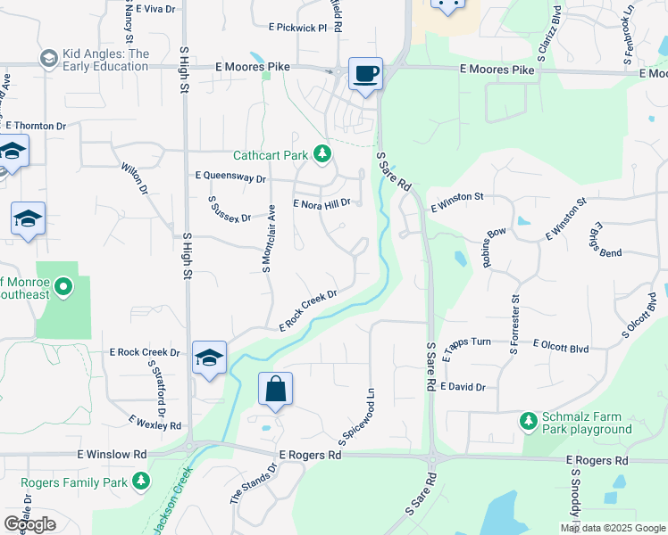 map of restaurants, bars, coffee shops, grocery stores, and more near 2655 East Rock Creek Drive in Bloomington