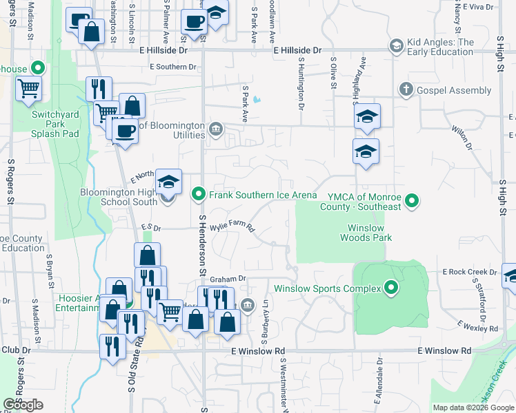 map of restaurants, bars, coffee shops, grocery stores, and more near 2114 South Summerwood Court in Bloomington