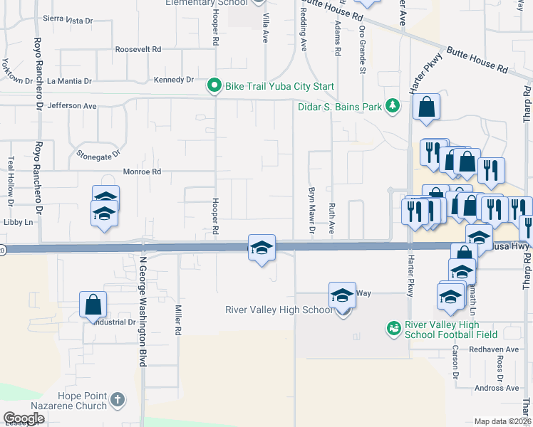 map of restaurants, bars, coffee shops, grocery stores, and more near 1000-1100 El Margarita Road in Yuba City